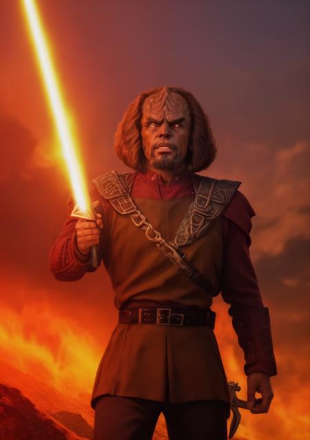 blood stained vasquez rocks, giant tng-worf++ holding a sword++ withLora(_add_detail,0.55) withLora(style_deathia_yiu_v10,0.5) withLora(n47-v1-tng-worf,0.75) blood red stormy skies, lightning, moon, cinematic lightning, klingon hell, action pose, fire+