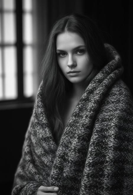 (black and white), portrait, closeup, styled 26 year old slavic super model ,wrapped in cozy woolen blanket,  striking face, strong  eyebrows, (sagging breasts), long brunette hair,  (bokeh), (cinematic), (film grain),  (natural soft body), black photostudio, dark background