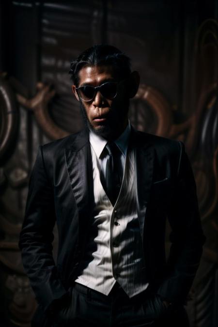 (analog photo) of a (gangster chimp) wearing a black suit with a white shirt and black tie and wearing black Rayban style sunglasses, serious face,  (hands in pockets, confident posture,) masterpiece, Fine art photography, award winning photography