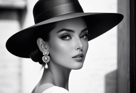there is a woman with a hat and earrings on her head, in the style of stark black-and-white photography, high contrast, bessa r2m, film pristine geometry, serene faces,