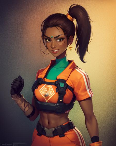 Rampart,dark skin,forehead jewel ,nose piercing,side ponytail ,brown hair, solo, standing, smiling, upper body,,
RampJS,jewelry,orange jumpsuit with white srtipes,knee pads ,  right  glove, green crop top,
tool shed, morning, grease,  oil marks, 
(insanely detailed, beautiful detailed face, masterpiece, best quality)  <lora:Rampart:0.8>