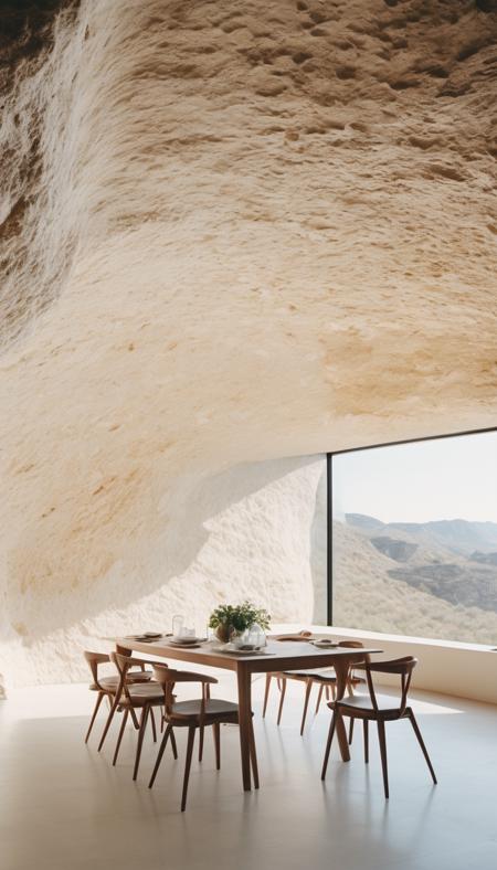 award winning interior photo, photograph, ultra photorealistic, photorealism, film still of inside a modern white spacious (dining room in a smooth stone cave:1.25), smooth shading, desert, daylight, bright colors, hyper realistic, modern, surreal, lights, minimalistic studio architecture, behance, halation, bloom, dramatic atmosphere, rule of thirds, 8k uhd, dslr, high quality, film grain, Fuji Superia X-TRA 400