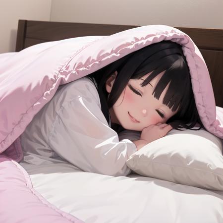 best quality, ultra-detailed, illustration, smile, 1girl, solo,
closed eyes, black hair, pillow, sleeping, bed, lying, smile, blanket, under covers, lips,
 <lora:goodsleep_SD15_V3_DIM4:0.6>