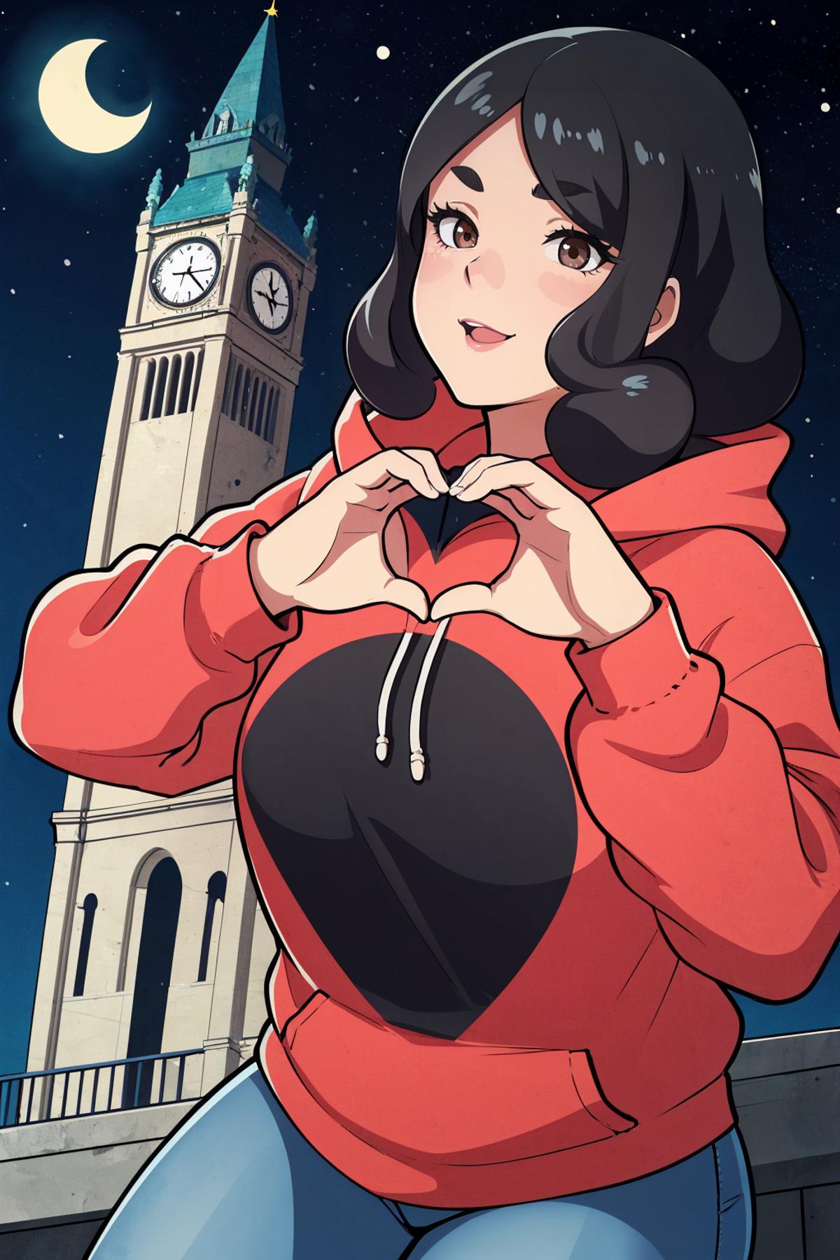 A cartoon drawing of a woman making a heart shape with her hands in front of a clock tower.