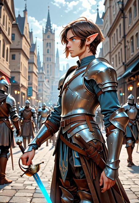 score_9_up, score_8_up, score_7_up, score_6_up. masterpiece, best quality, good quality, very aesthetic, absurdres, semirealism, RapierXL, fantasy, 8K, depth of field, focused subject, Elf knight:1.3, 19yo male, androgynous, pointed ears, short brown hair, male haircut, blue eyes, wearing detailed armor, knight's armor, he is standing, holding sword, rapier, weapon, blue glowing sword, city park