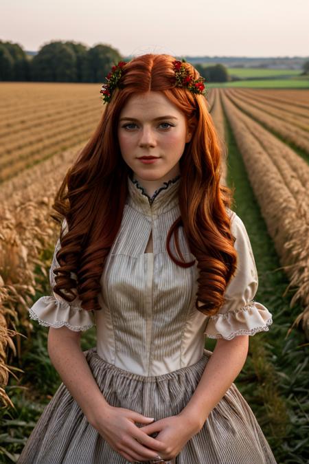 doll costume ,  field of wheat , evening <lora:Rose_Leslie:1> masterpiece, best quality, detailed face, a mature r1873l, 1girl, solo, red hair,