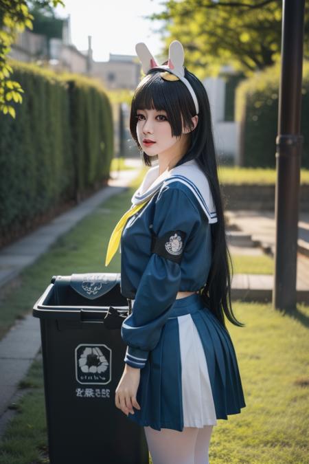 ltra-detailed,highly detailed,best quality,masterpiece,illustration,realistic,
kasumizawa miyu, 1gir l, solo, miyu \(blue archive\),cosplay,
bangs, long hair,fake animal ears, rabbit ears,
school uniform, serafuku, neckerchief, sailor collar,long sleeves, pleated skirt,
looking at viewer, in trash can,
photo background,outdoors, ruins,trash can, grass, bush,
<lora:kasumizawa miyu_v1_07:0.7>