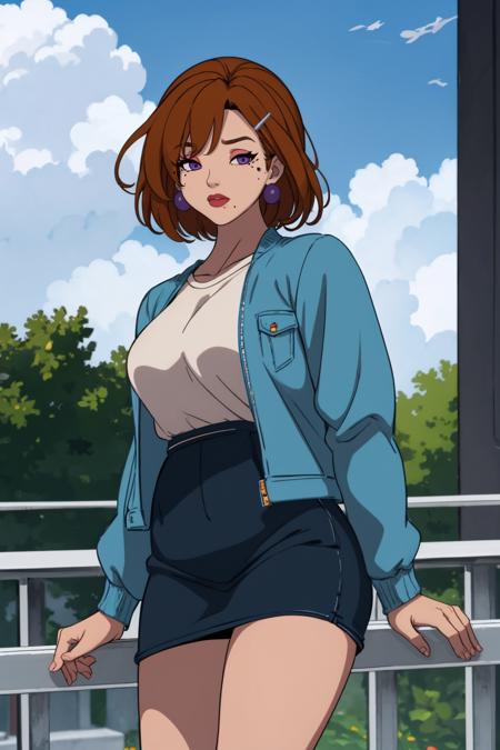 (masterpiece, best quality:1.2), <lora:discreenvision:1>, discreenvision, 1girl, solo, jacket, hair ornament, brown hair, skirt, denim jacket, looking at viewer, hairclip, short hair, shirt, cloud, outdoors, sky, mole under eye, mole, black skirt, white shirt, denim, railing, parted lips, bangs, purple eyes