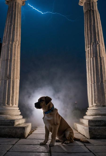 sony slt alpha-55 panorama full body shot dramatic lighting spirited realistic lighting realistic ultra realistic fog blue ice lightning greek temple puppy rose