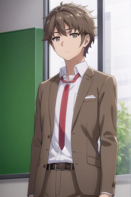 sakutaazusagawa, <lora:sakuta azusagawa s1-lora-nochekaiser:1>, 
sakuta azusagawa, short hair, brown hair, (brown eyes:1.5), male focus,
BREAK shirt, long sleeves, school uniform, jacket, white shirt, open clothes, necktie, belt, pants, blazer, red necktie, brown jacket,
BREAK indoors, classroom,
BREAK looking at viewer, (cowboy shot:1.5),
BREAK <lyco:GoodHands-beta2:1>, (masterpiece:1.2), best quality, high resolution, unity 8k wallpaper, (illustration:0.8), (beautiful detailed eyes:1.6), extremely detailed face, perfect lighting, extremely detailed CG, (perfect hands, perfect anatomy),