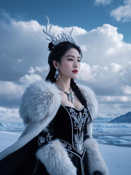 masterpiece,best quality,ultra-detailed,very aesthetic,absurdres,newest, 8k ultra-high resolution,realistic, Skin Textures, High Resolution, stunning beautiful, bailu woman,jewelry,earrings, wearing animal costume , in A frozen place dark, wind and clouds  <lora:actress_ej_JuggXL_3:0.5>