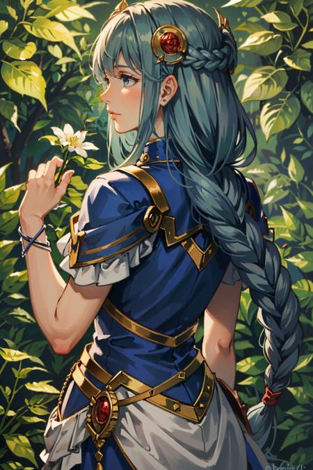 ((masterpiece, best quality))
<lora:ValkyrieProfileLenneth:0.8>
ValkyrieProfileLenneth, 1girl, solo, long hair, braid, blue hair, in a lush jungle with vibrant flowers, from behind, looking back