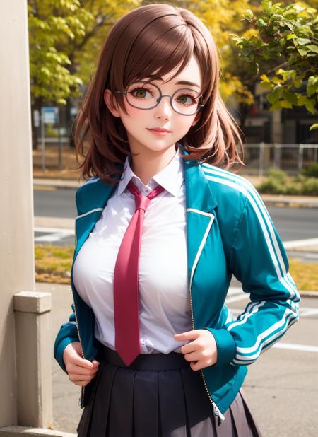 (realistic:1.5),  <lora:yuzuriha_maimai-10:0.9>, 1girl, solo, yuzuriha_maimai, thick eyebrows, brown hair, green eyes, medium hair, glasses, round eyewear, track jacket, green jacket, open jacket, white shirt, collared shirt, shirt tucked in, pink necktie, pleated skirt, black skirt, outdoors, japanese, teen, upper body, naughty face