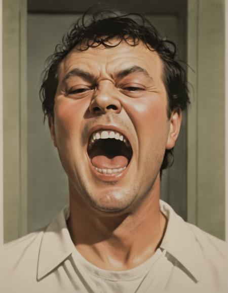 A close-up of Jack Nicholson's face as he is screaming and throwing a chair in a hospital room. The room is filled with other patients and nurses. The scene is from the movie One Flew Over the Cuckoo's Nest directed by Milos Forman.