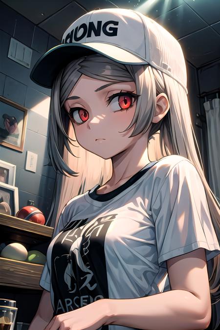 1girl, solo, indoors, upper body, looking at viewer, skg_marie, white t-shirt, baseball cap, hair down, long hair, alternate hairstyle, light rays, glow, (masterpiece), wallpaper,  <lora:marie_v1-000005:1>