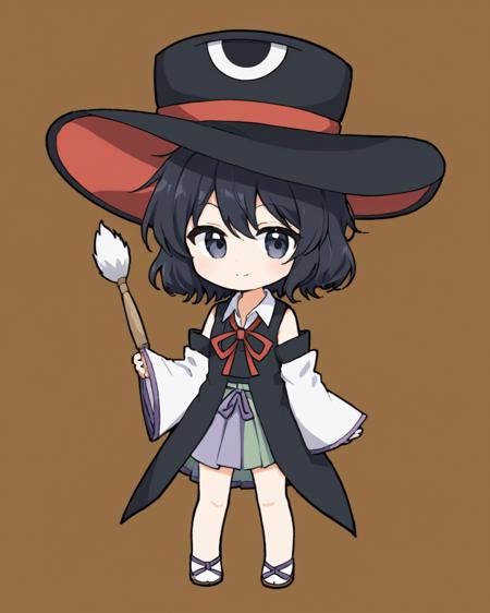 enraku tsubakura,androgynous, 1other, red_ribbon, solo, smile, top_hat, tabi, detached_sleeves, paintbrush, geta, chibi, neck_ribbon, large_hat, white_sleeves, skirt, full_body, holding, bow, looking_at_viewer, closed_mouth, collared_shirt, shorts
<lora:enraku_tsubakura_image217_fp16_2024-01-03:1>,star-shaped_pupils,symbol-shaped_pupils,. gorgeous,key visual, vibrant, studio anime,award-winning, professional, highly detailed,high budget, cinemascope