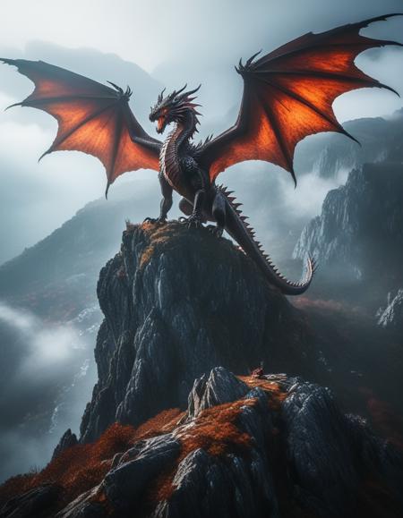 a low-angle view of a majestic dragon perched on a rocky cliff, with fiery eyes and enormous, leathery wings spread wide. The scene is set on a craggy mountain peak, surrounded by rolling mists and distant castle ruins. cinematic style, dynamic colors and dramatic lighting to emphasize the dragon's grandeur and the rugged terrain.