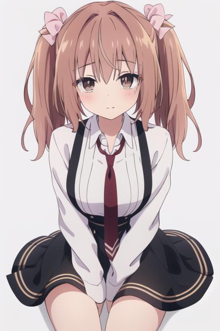 masterpiece, best quality,1girl, solo,akizuki noa,brown hair,two side up,brown eyes,pink hair ribbon,white_shirt,dress,necktie,black skirt, white legwear,<lora:akizuki:0.8>,sitting, looking at viewer, white background, simple background, 
