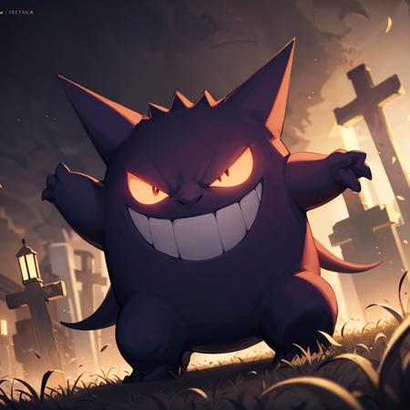 centered, award winning photo, (looking at viewer:1.2), | evil grin, Gengar_Pokemon,  no humans, pokemon \(creature\), smile, dynamic pose, | graveyard, dark theme,  | bokeh, depth of field, cinematic composition, | <lora:Gengar_Pokemon_Anime:0.6>