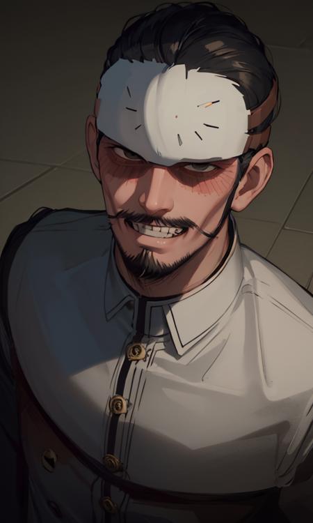 masterpiece,best quality,highres,cinematic lighting,dramatic angle,<lora:hejian-2:0.8>,1man,(forehead protector:1.2),suspenders,(clenched teeth:1.2),beard,military uniform,close-up,portrait,(evil smile:1.2),black hair,straight-on,solo focus,(shaded face:1.2),(empty eyes:1.1),happy,from above,looking at viewer,, masterpiece, best quality,