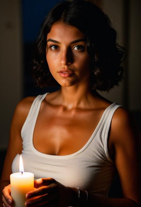 The beautiful tanned-olive-skin ((Greek woman)) ((Black hair))  age 22, hyper realistic, clear focus, photo-real, hyper-realistic:1.5, 8k, amazing details, striking eyes, perfect face, sharp focus, photo-real, (curling short hair:1.5), SFW, serene, calm, (beautiful face), wearing a vintage white cotten dress, (dark room in background), dark nighttime, holding a candle is only light source, ((spotlight, dark theme, silhouette)), ((dramatic shadows and subtle highlights)), warm tones, soft focus, atmospheric lens,