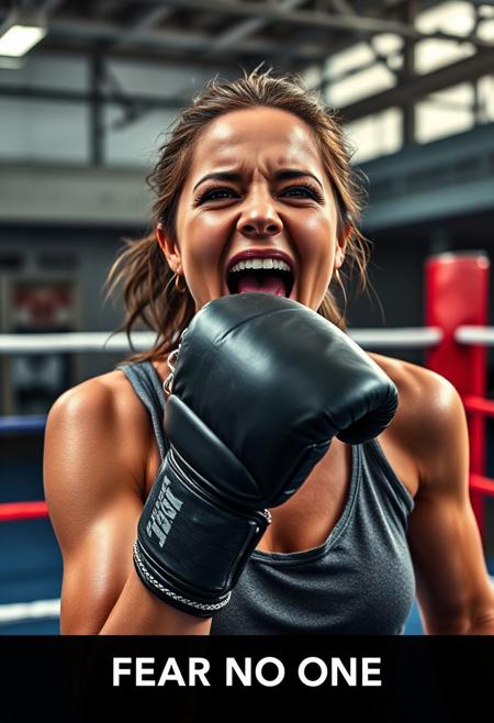 inspirational motivational poster, hdr photograph taken from the corner of a kick boxing ring inside a modern gym, close up of a sweaty female fighter wearing slim padded gloves, a loose fighting tank top wet from sweat, her throat tensed as she is screaming from joy after her victory, she stares deeply into the eyes of the viewer, with title text that reads "FEAR NO ONE"