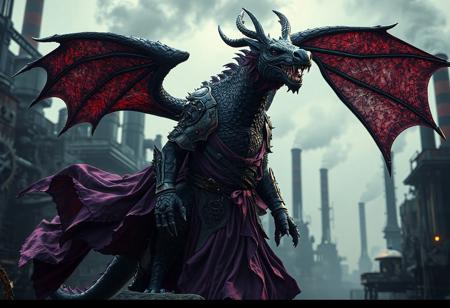 "8K UE5/Octane render of a grimdark Boar Soldier dragon hybrid: dark purple scales, elongated neck/tail, and massive spread wings. Adorned in flowing purple/pink battle-dress, contrasting against a steampunk Geartown backdrop (grinding gears, smokestacks). Cinematic Rembrandt lighting highlights Houdini-simulated fabric physics, nanite-textured armor, and ray-traced metallic environments. Post-processed with Kodak film grain, chromatic aberration, and Grammer Effect color grading. Tags: #Grimdark #Steampunk #CharacterDesign."