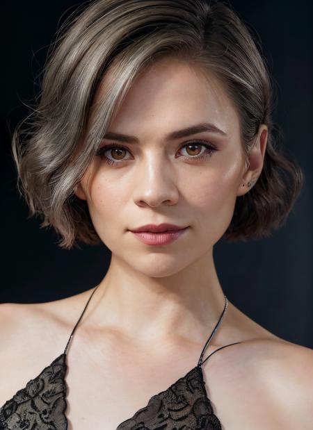 portrait of SKSWOMAN, interested , wearing evening gown , with silver Bob , background fall epic (photo, studio lighting, hard light, sony a7, 50 mm, matte skin, pores, colors, hyperdetailed, hyperrealistic), <lyco:Hayley Atwell:1.1>