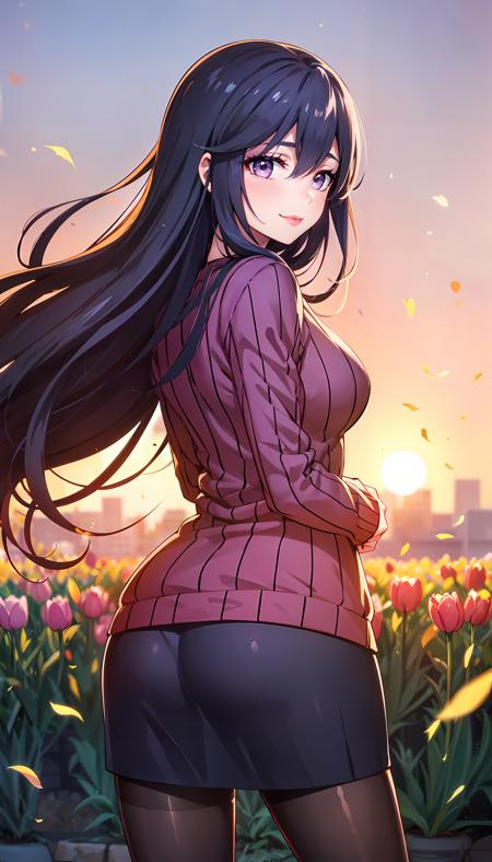 long hair black hair purple sweater purple eyes black skirt hair between eyes pantyhose