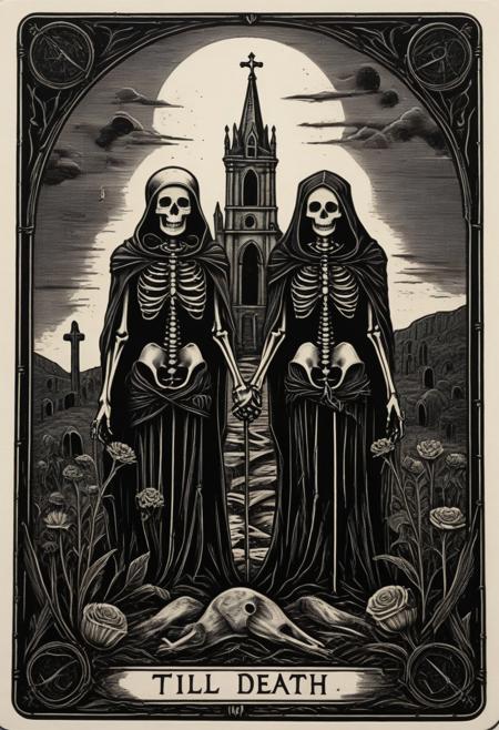 Tarot card with the words "Till Death" at the bottom. Two skeletons stand together. One male and a smaller female. Both wear tattered Victorian clothing. They hold hands standing side by side. Both look at the viewer.  Desolate graveyard. Ruined church in the background. Black. High contrast. Ornate border. faded frayed edges. Linocut. monochrome linocut. tarot_card