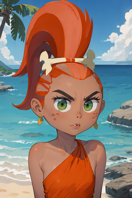 masterpiece, best quality,
1girl, davefang, orange hair, ponytail, green eyes, dress, dark skin, cartoon, parody, 
upper body, solo, looking at viewer, sea, sand, blue sky, tropical island background  <lora:Fang:1>