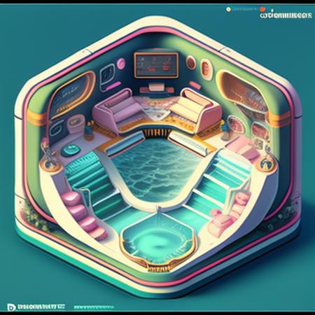 a photo of the large Isometric_Dreams, a futuristic illustration of a futuristic city with a pool and a waterfall in the middle of it, with a neon glow