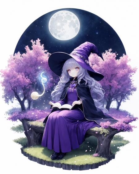 (white background:1.5), 1 girl, mid shot, full body,
solo, watercolor, purple theme, witch, sitting, gentle breeze, detailed sky, detailed eye, side blunt bangs, hairs between eyes, close to viewer, flying splashes, flying petals, wind, young adult, purple hair, long wavy hairstyle, silver hair accessory, purple eyes, almond-shaped eyes, serene expression, average breast size, purple witch hat, black wide-brimmed hat, purple cloak, flowing fabric, stars pattern, crescent moon pendant, purple dress, floral print, ankle-length, silver jewelry, magical staff, moon-shaped gemstone, night sky background, twinkling stars, full moon, misty clouds, silhouettes of trees, owl perched on a branch, book of spells, glowing purple runes, crystal ball, purple smoke, sparkles, enchanted forest, moonlit path, glowing mushrooms, potion bottles, bubbling cauldron, broomstick, flying silhouette of a bat, castle silhouette, moonlit lake, reflection of the moon, shooting stars, mystical aura. <lora:GachaSplash4:1:Gacha>   <lora:CuteGothicFashion:1>