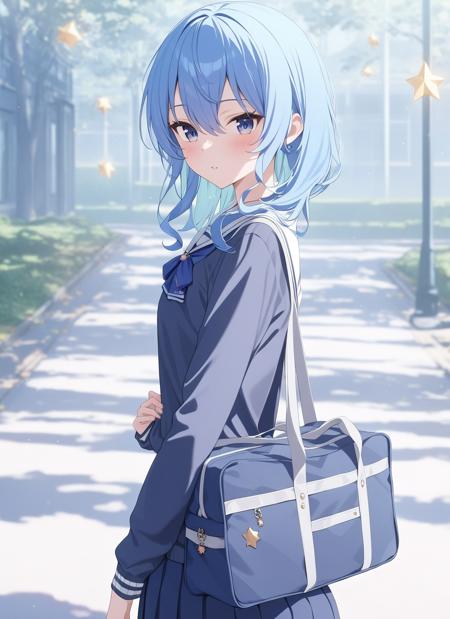  <lora:Hochimachi_fix_bg:1> blue hair, virtual youtuber, 1girl, blue eyes, looking at viewer, star (symbol), long hair, smile, bangs, gloves, side ponytail 1st_costume 3rd_costume 4th_costume 5th_costume 6th_costume 7th_costume 8th_costume new_year_costume_2020, kimono school outfit