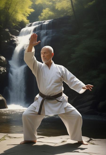 a man 50 year old zen caucasien practicing tai chi, wearing a judogi, sunny exterior, forest and waterfall background,16k, masterpiece, highly detailed photo-realistic oil painting by Greg Rutowski, cinematic lighting