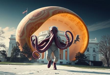 octopus in an astronaut uniform walking out of a giant conk shell UFO in front of the white house with mermaid runes on his ship, photorealistic, style of attack from mars