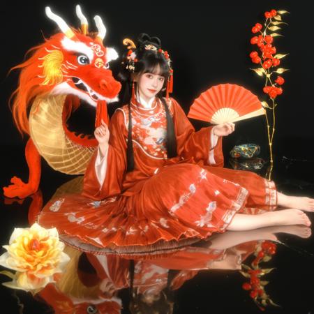 longnianhao,long1, 1girl, hand fan, black hair, reflection, dragon, holding, hair ornament, flower, holding fan, black background, solo, long sleeves, sitting, eastern dragon, bangs, chinese clothes, reflective floor, looking at viewer, folding fan, barefoot, dress, animal, long hair, tassel, red dress, wide sleeves, fox,  blunt bangs, paper fan, jewelry, hair flower, water <lora:longnianhaosdxl-000010:0.8>