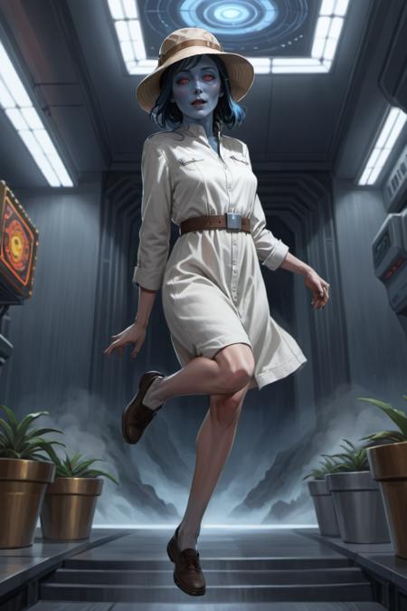 concept art thrawn wearing linen bucket hat and linen shirt dress jumping, __blue skin, verb-expression__ at las vegas, full body shot, highly detailed environment <lora:Grand_Admiral_Thrawn_XL:0.8>. digital artwork by android jones, illustrative, painterly, matte painting, highly detailed