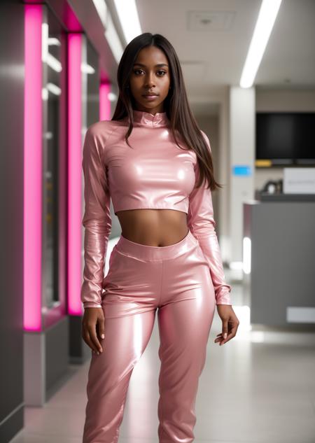 cinematic portrait, young woman with (shoulder-length:0.5) dark skin, brunette hair and hazel eyes, wearing a pink formfitting high-tech futuristic outfit and pants