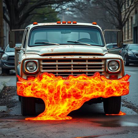 an old truck with front bumper fully made out of hot liquid lava. street