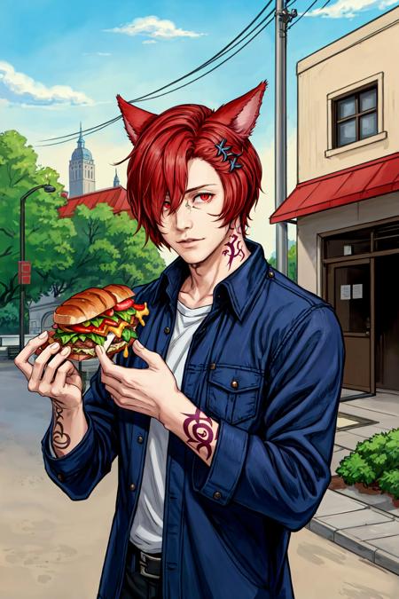 G'raha Tia, solo, looking at viewer, short hair, hair ornament, red eyes, 1boy, holding, animal ears, male focus, red hair, outdoors, food, cat ears, hair over one eye, tattoo, facial mark, holding food, slit pupils, androgynous, realistic, miqo'te, cat boy, sandwich, neck tattoo, <lora:Graha_Tia-05:0.400000>