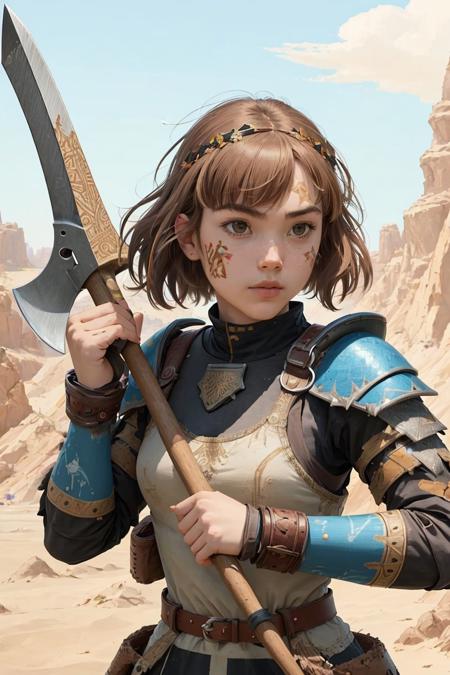 best quality,masterpiece,highly detailed,ultra-detailed,1girl,  <lora:AXE:0.3> 
(Padded armor),An armor made of layers of cloth or leather
holding weapon, holding axe,battle axe
holding long grip of axe, 
 fighting stance,  
by (Sand painting:1.3)Multi-colored grains, textured brushstrokes.    by Andrew Clemens, Joe Ben Jr., Navajo Sandpainters.