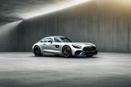 a professional shot of sports car(mercedes_amg_gt_v1-3600:1.0) in matte grey, modelshoot style,masterpiece, (extremely detailed CG unity 8k wallpaper),unreal engine, 75mm lens,  High Detail, Sharp focus, dramatic,epic lighting