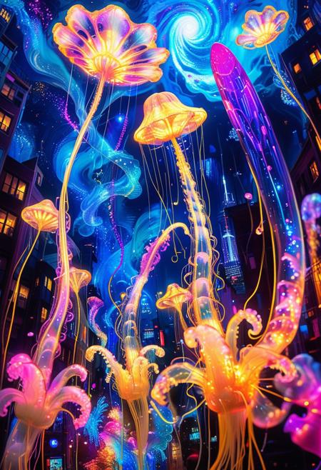 A surreal cityscape where buildings melt and morph into liquid neon structures, their facades shifting between fractal patterns and glowing organic textures. The streets pulse with swirling waves of electric blue, magenta, and iridescent gold, forming a living river of light. Floating jellyfish made of translucent glass drift above, their tendrils weaving through the air like threads of luminous silk. Giant, kaleidoscopic eyes blink from the walls, their irises swirling like galaxies. The sky warps and twists, shifting between celestial vortexes and cosmic storms, creating a dreamlike chaos that never stops moving. psychadelic, PsychadelicChaos
