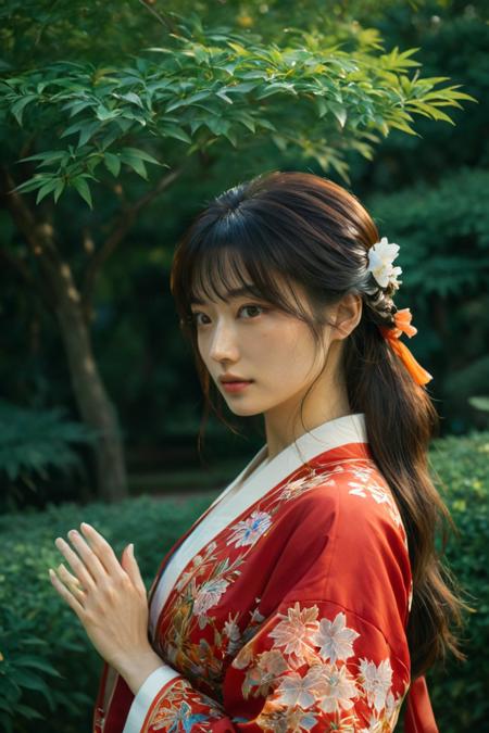 (HD, masterpiece, best quality, hyper detailed, ultra detailed, super realistic),Picture a cinematic scene of a girl standing in a tranquil Japanese garden at dusk, gazing at the viewer with a serene expression. Her long brown hair flows gracefully down her back, and she is dressed in an elegant red kimono featuring intricate floral embroidery. In one hand, she delicately holds a traditional oil-paper umbrella with soft hues of blue, which contrasts beautifully with the lush greenery. Surrounding her are vibrant autumn trees, their red and orange leaves gently falling around her, enhancing the autumn theme. The setting sun casts a warm glow, illuminating the scene with a soft, ethereal light that highlights her features and creates a peaceful, contemplative mood., green eyes, blue eyes, brown eyes, perfecteyes, jpn-girl, Movie Still, Film Still, Cinematic, Cinematic Shot, Cinematic Lighting, SDXL Hands XL + SD 1.5 + FLUX.1-dev<lora:SDXL PerfectEyesXL.safetensors:0.8:0.8> <lora:SDXL japanese_girl_v1.1.safetensors:0.8:0.8> <lora:SDXL Juggernaut Cinematic XL LoRA.safetensors:0.8:0.8> <lora:SDXL Hands XL + SD 1.5 + FLUX.1-dev.safetensors:0.8:0.8>
