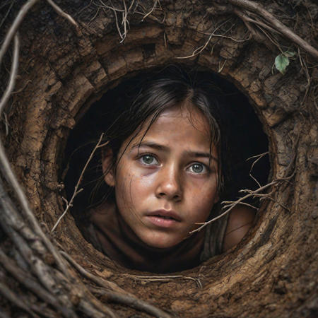 Create an image of a girl trapped in an abandoned tubewell, her fear, her innocence, dry land, dry trees, light rain, thunder, dark clouds, her innocent face showing darkness, her fear, confusion, dim light above,hyper realistic character, pastel, elegance, dramatic lighting.