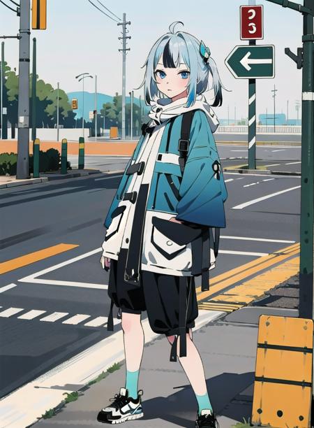 best quality, 4K wallpaper, masterpiece, extremely detailed CG unity 8k wallpaper, extremely detailed eyes, ultra-detailed, intricate details, 1girl, solo, Gura, multicolored hair, blue eyes, jacket, TNF outfit, hair ornament, shoes, looking at viewer, public, road sign, street park, street, <lora:Gura:0.8>  <lora:clothingbrend:0.6>