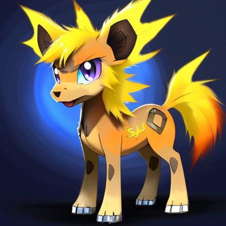 (samdoesarts style:1.3) a vicious  amber (metal:1.2) pony Pokemon with pear hair, glowing eyes, Lake or pond, highly detailed, intricate