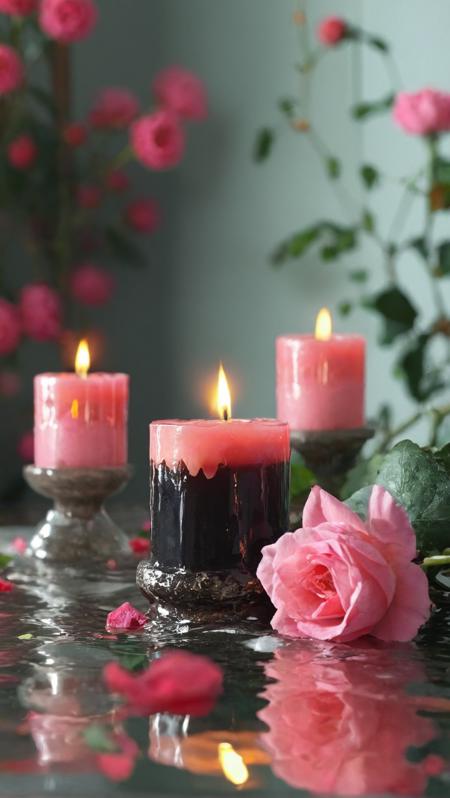 <(score_9,score_8_up,score_7_up,score_6_up,score_5_up,score_4_up):1.0>,
<(A fluffy silky octane render in the style of Timothy Thirst; It depicts a room filled with black candles and pink roses, the candles all melted halfway with the pink roses radiating a soft glow from within, creating an ethereal and dreamlike atmosphere):1.0>,
<(The colors and textures are rich and deep, perfect for any high-end art poster or print):0.9>
<lora:add-detail-xl:1>,
<lora:MJ52:1>