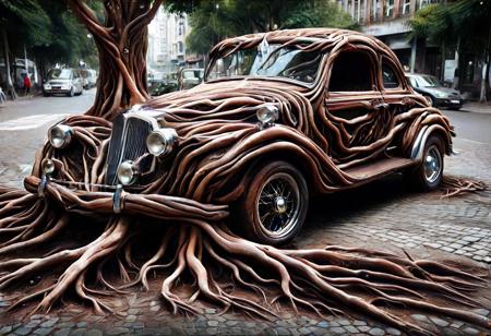 morph-treeroots , vintage car,polished chrome details,classic style design,in city,photography<lora:tree roots_0_100_V1-000008:1>